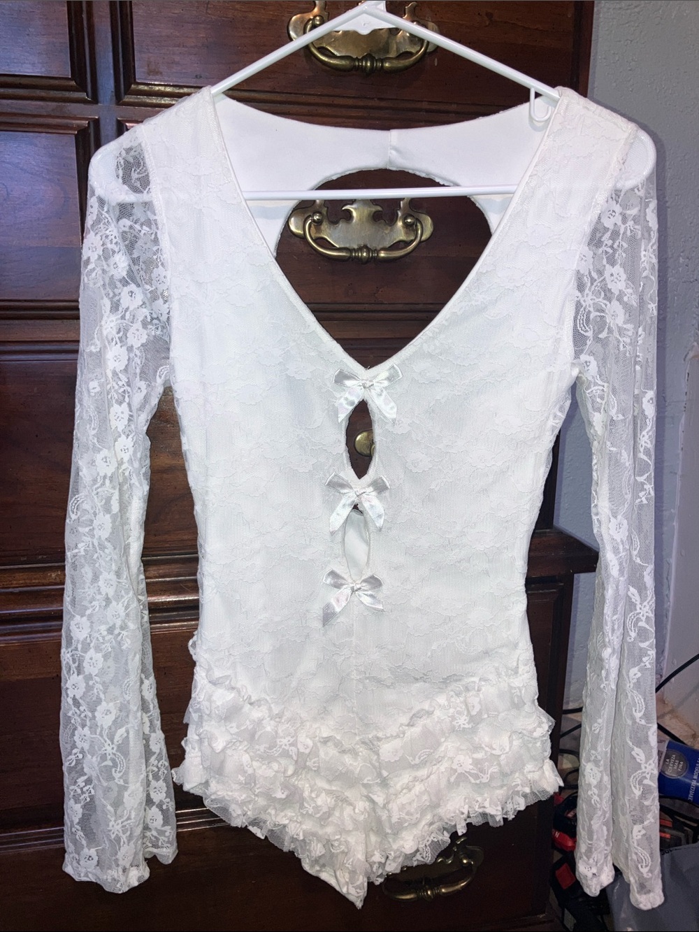 Brand New Temptation White Lace Long-Sleeve Bodysuit with Ruffle Shorts